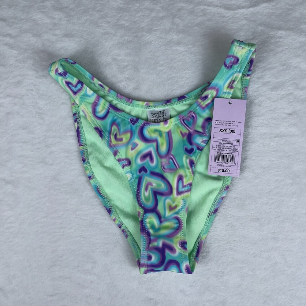 Wild Fable Bikini Bottom Womens 2XS Blue Green Heart Print Cheeky Ultra High Leg